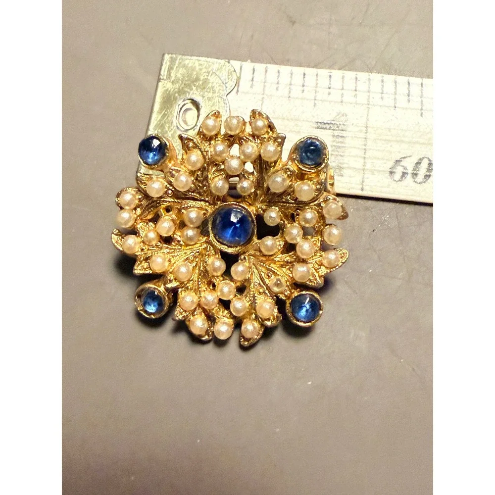 Vintage Gold Tone Faux Pearl Blue Cabochon Floral Cluster Brooch Pin Victorian